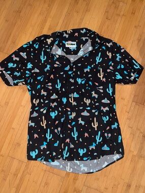 Tipsy Elves Black Shirt with Turquoise & Peach Piñata Print